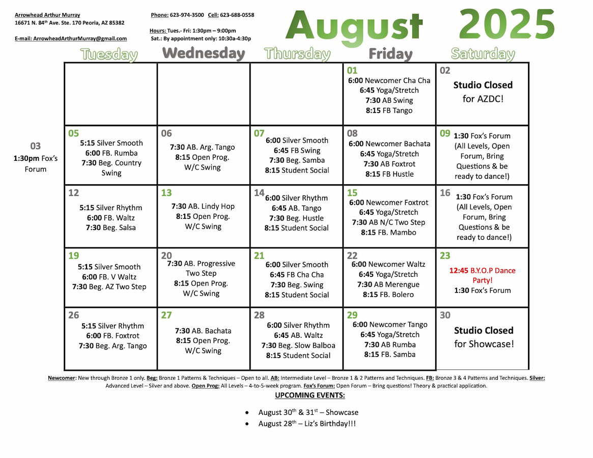 Arthur Murray Arrowhead Group Class Calendar